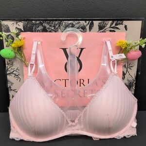 Victoria Secret Sexy Tee Sheer Heritage Stripe Wireless Push Up Bra 34C Pink